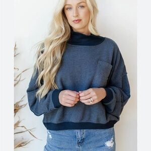 Free People Rae Top Organic Cottom Blue Raw Seams Trim Long Sleeve Mock Neck XL